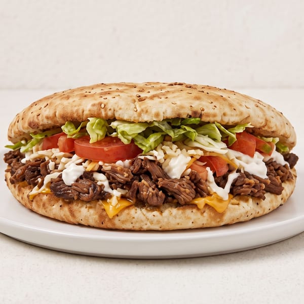 Flatbread sandwich filled with shredded beef, melted cheese, lettuce, tomatoes, and creamy white sauce.