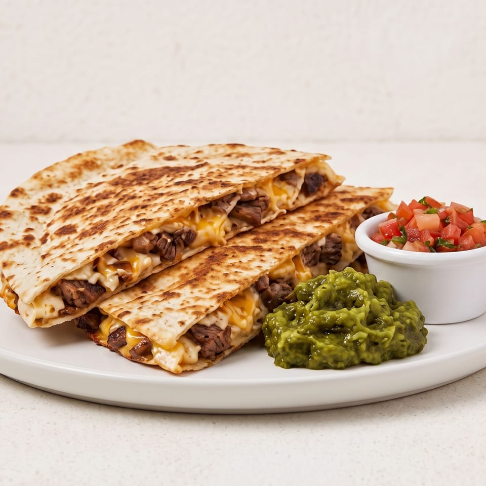 Grilled steak and cheese quesadillas served with fresh guacamole and pico de gallo.