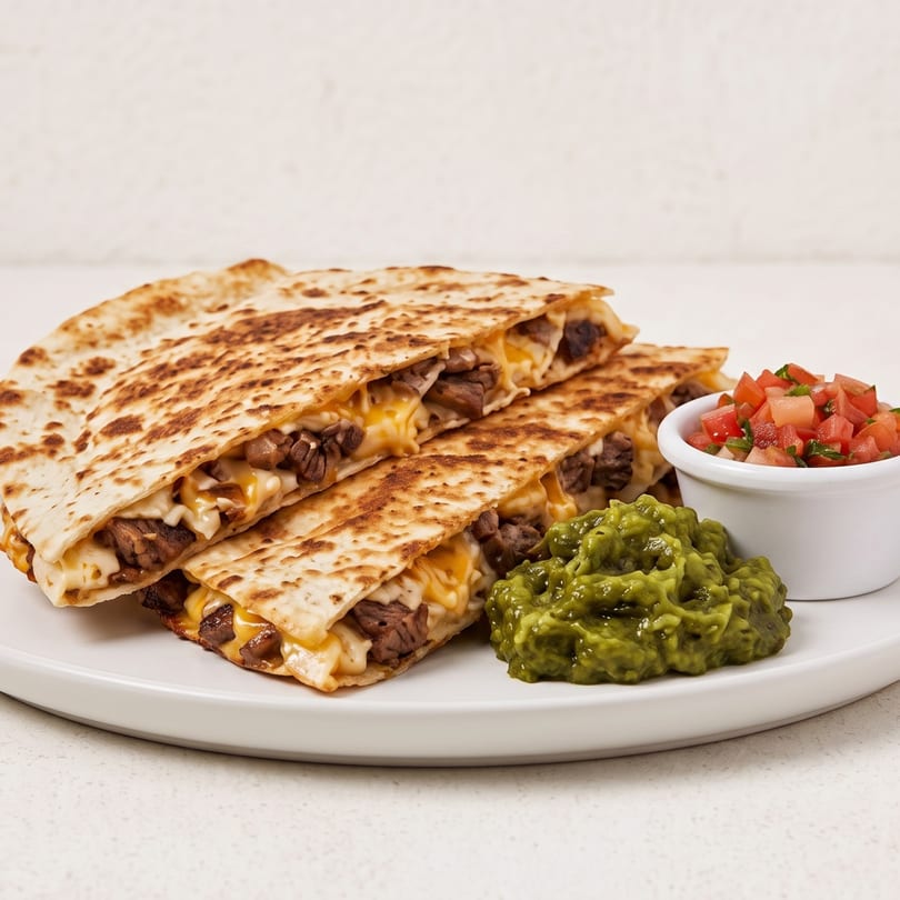 Grilled steak and cheese quesadillas served with fresh guacamole and pico de gallo.