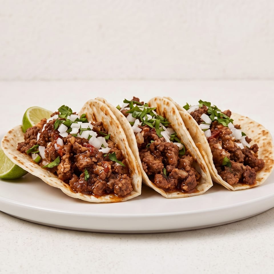 Plate of three savory tacos with seasoned meat, diced onions, cilantro, and lime wedges.