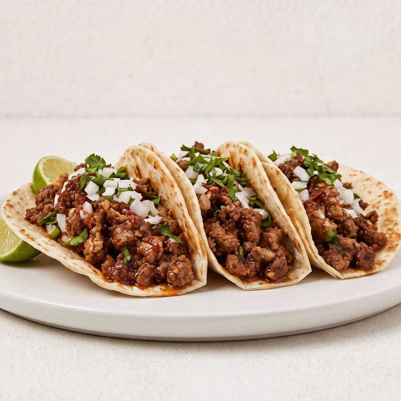 Plate of three savory tacos with seasoned meat, diced onions, cilantro, and lime wedges.