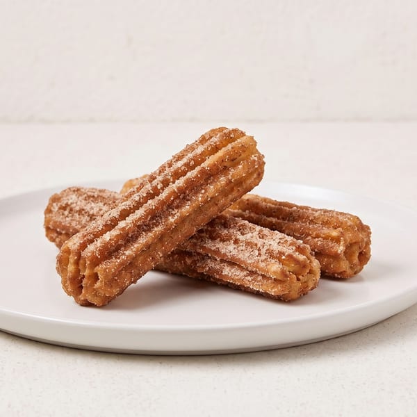 Several golden-brown churros dusted with sugar on a white plate.