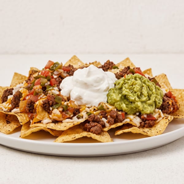 Loaded beef nachos with melted cheese, salsa, sour cream, and guacamole.