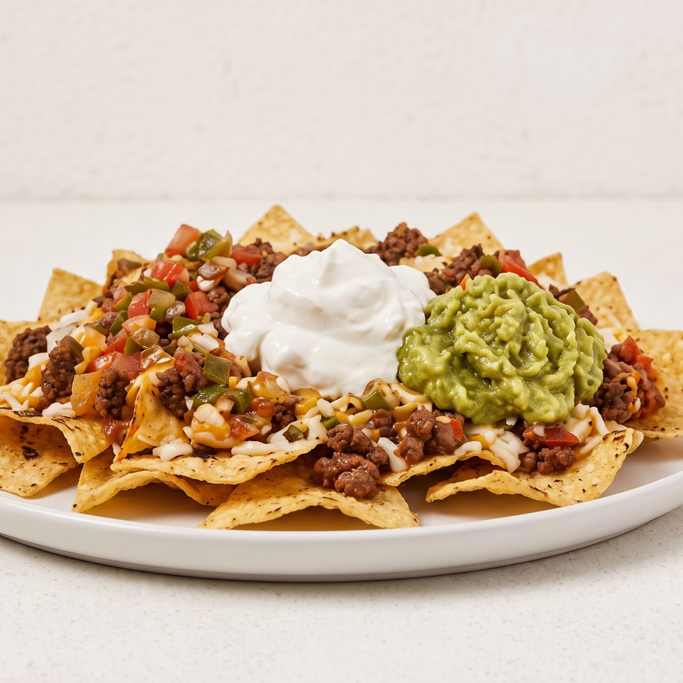 Loaded beef nachos with melted cheese, salsa, sour cream, and guacamole.