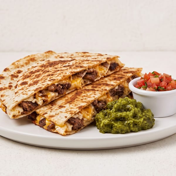 Steak and cheese quesadillas with guacamole and pico de gallo on a white plate.