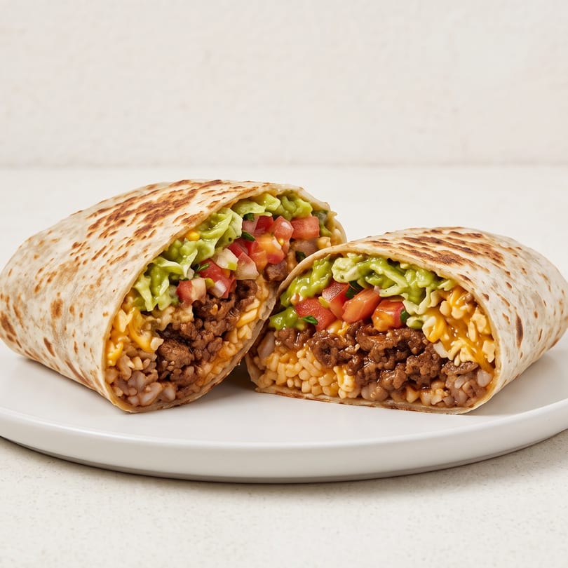 A large burrito, cut in half, revealing seasoned beef, rice, cheese, guacamole, and pico de gallo.